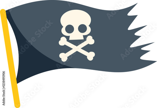 Black tattered pirate flag with skull and crossbones waving in the wind, representing danger and rebellion