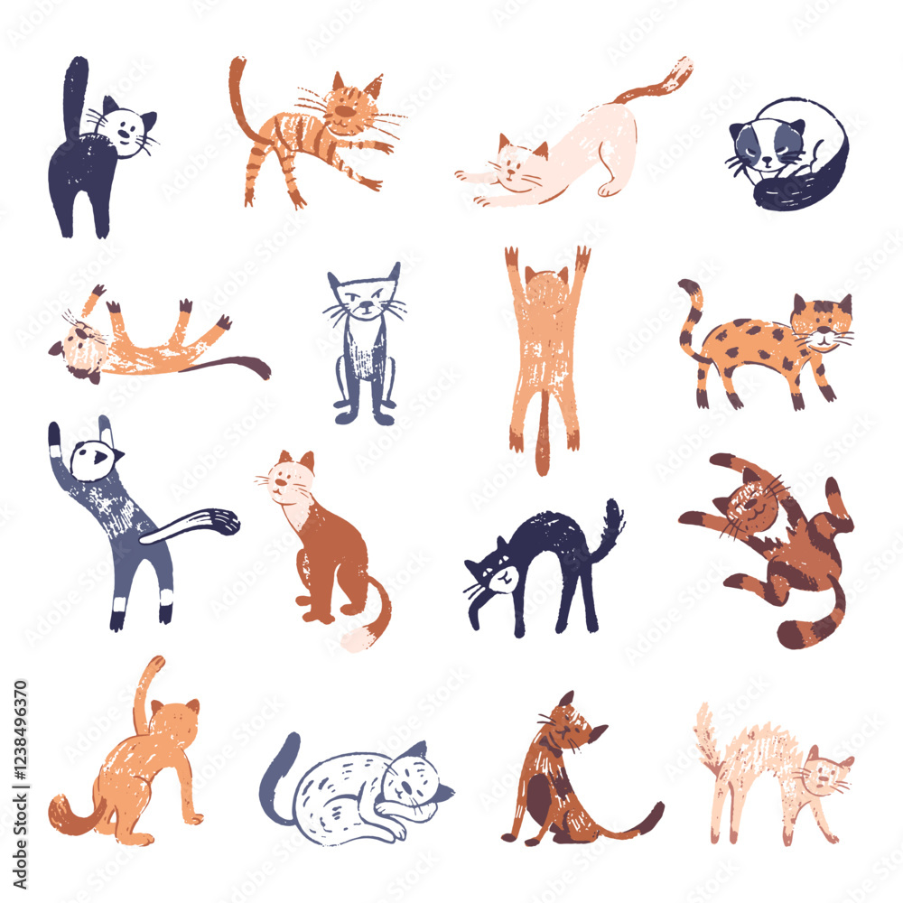 Fototapeta premium Grunge abstract kittens. Children style crayon draw, isolated cats in different poses. Cat rest and sleep, jump, has fun. Pets characters neoteric vector set