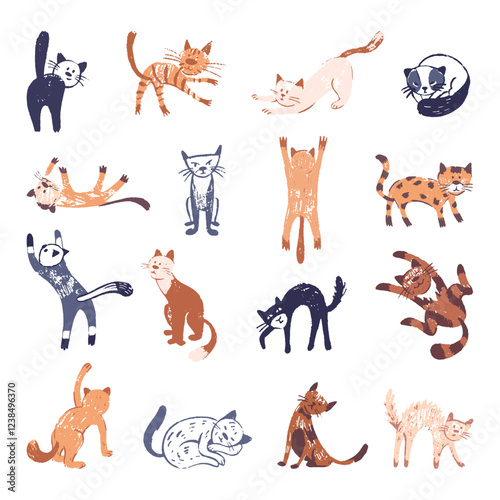 Grunge abstract kittens. Children style crayon draw, isolated cats in different poses. Cat rest and sleep, jump, has fun. Pets characters neoteric vector set