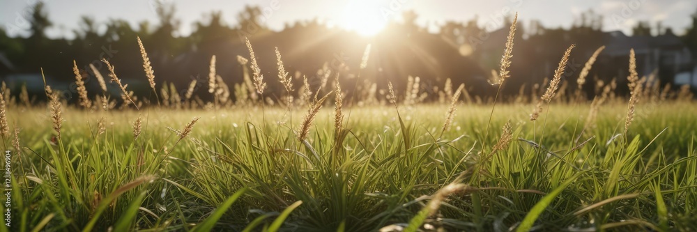 The grass sways gently in the breeze as the sun shines down on it, creating a soft focus effect, serene, greenery The grass sways gently in the breeze as the sun shines down on it, creating a soft focus effect, serene, greenery