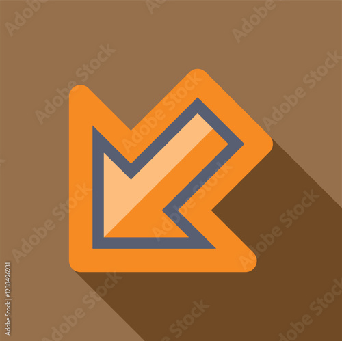 Orange arrow pointing down and left with drop shadow on brown background