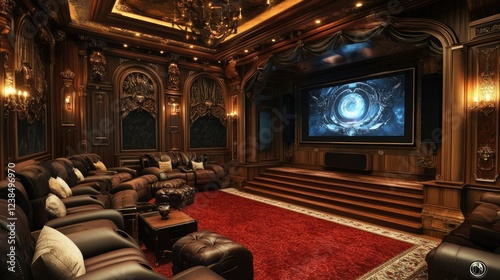 Luxury home cinema interior with dramatic red carpet, cozy seating arrangements, and advanced AV technology.
