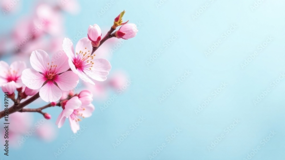 Branch of blooming pink sakura flowers on light blue background and space for text Branch of blooming pink sakura flowers on light blue background and space for text