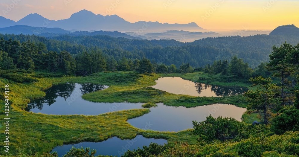 Fototapeta premium Mountains landscape nature idea. Tranquil sunrise over serene lakes surrounded by lush greenery and majestic mountains.