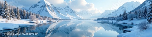 The snow-covered mountains reflect in a frozen pond, peaceful, reflection
