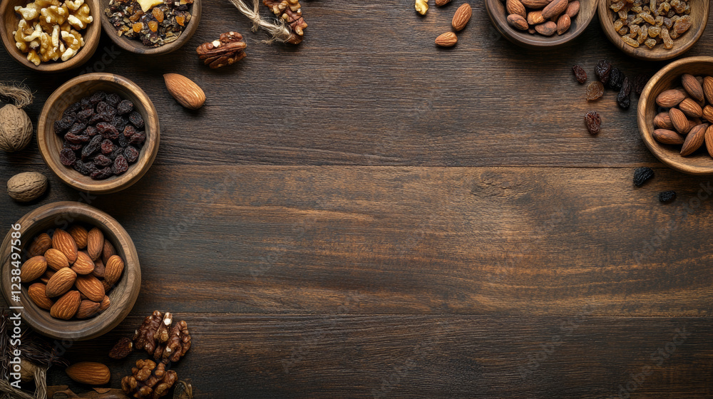 Assorted nuts and dried fruits in wooden bowls on rustic wooden table create warm and inviting atmosphere. Perfect for healthy snacking or culinary inspiration