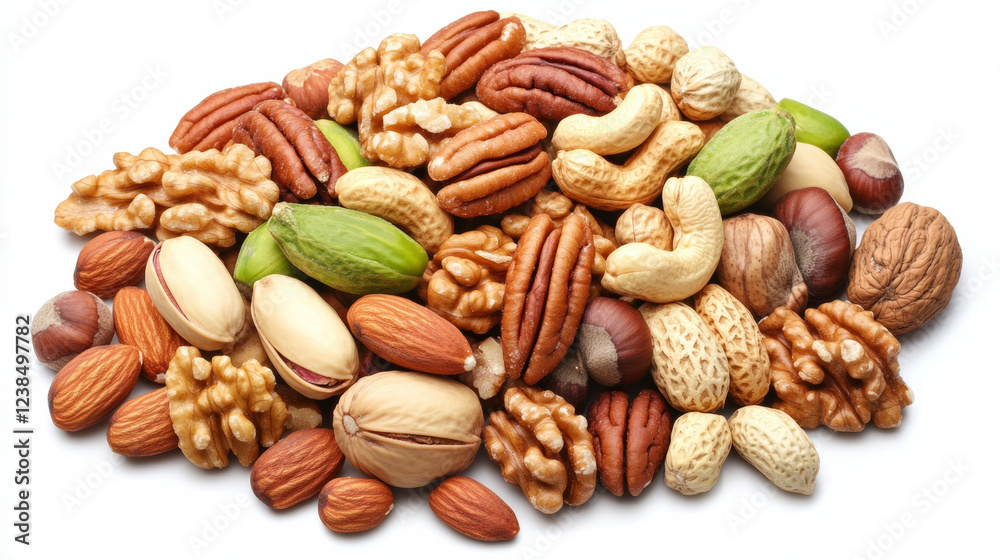 Assorted nuts including pecans, hazelnuts, walnuts, and almonds create colorful and nutritious display, perfect for healthy snacking or culinary use Assorted nuts including pecans, hazelnuts, walnuts, and almonds create colorful and nutritious display, perfect for healthy snacking or culinary use
