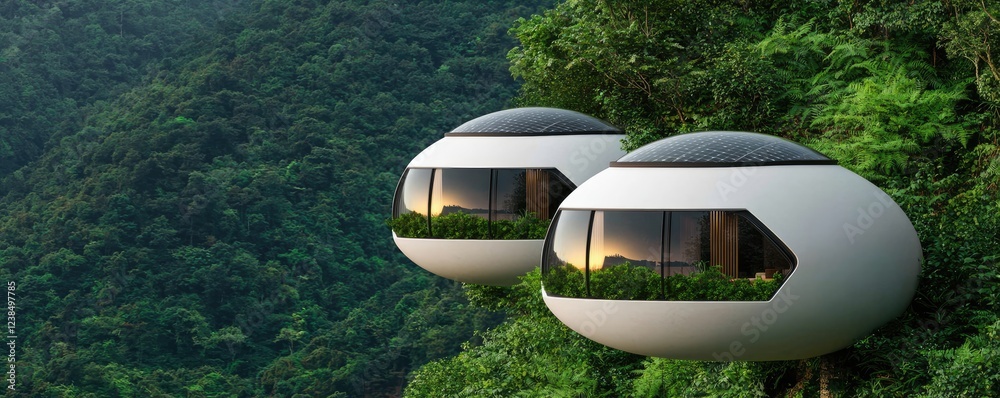 Futuristic pod-like homes nestled in lush greenery showcase modern architecture and sustainable living in harmony with nature.