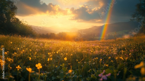 Golden Sunset Over Flower Field With Rainbow