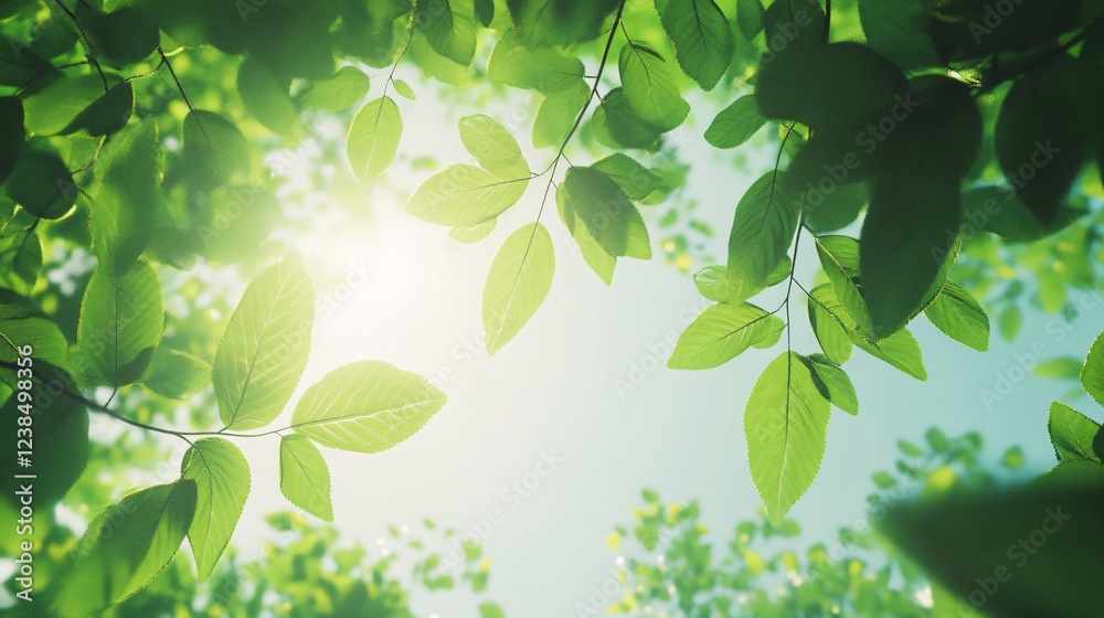 Obraz premium Serene Detailed View from Below of Beech Tree Forest in Early Spring with Fresh Green Leaves Swaying