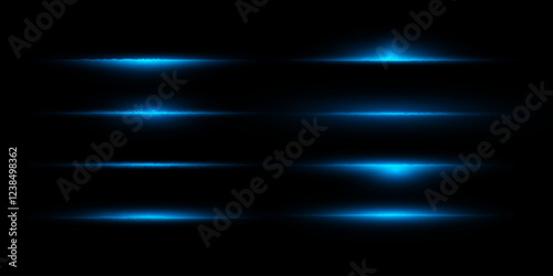 Bright blue horizontal glare. Laser beams, horizontal rays of light. Beautiful light flashes PNG. Vector