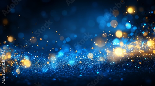 Falling confetti on blue background, abstract background with dark blue and gold particle. Golden light shine particles Bokeh on navy blue background, celebration concept
