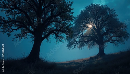 Trees creak in the wind, casting ominous shadows, darkness, nighttime