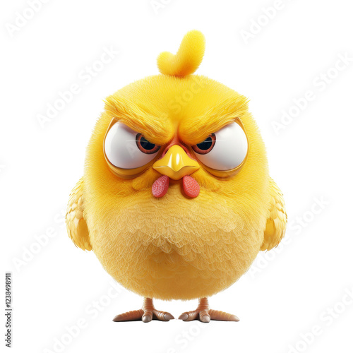 Angry cartoon chicken with yellow feathers and funny face looking very annoyed and determined