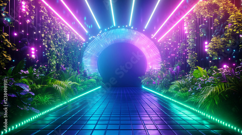 Futuristic neon-lit tunnel with vibrant greenery and glowing pathway for event backdrops, fashion shows, and modern art installations photo