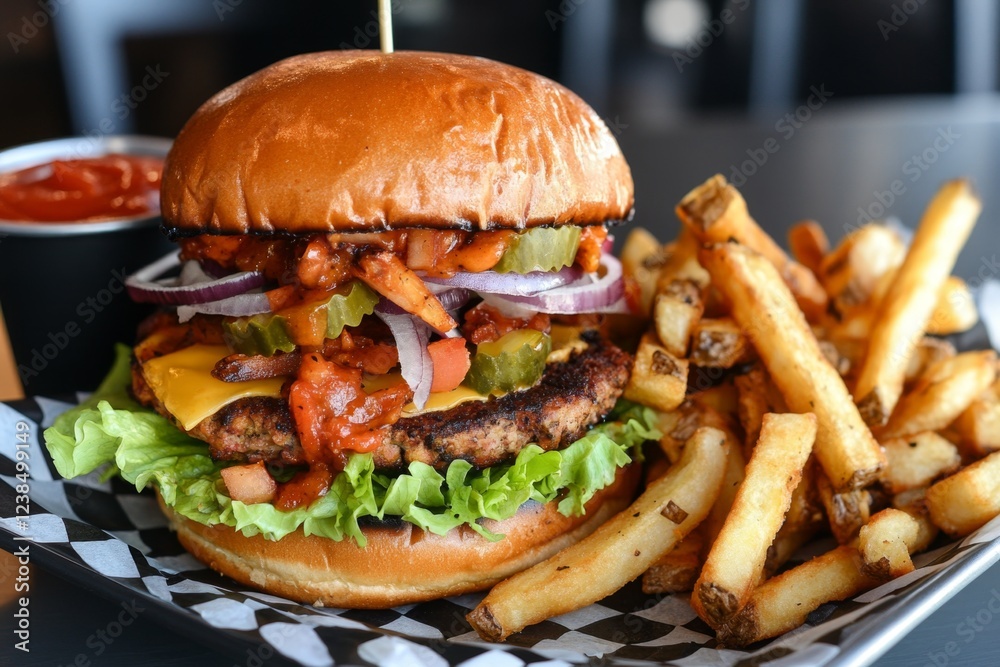 A vegan burger made with a plant-based patty, served with a side of fries and condiments A vegan burger made with a plant-based patty, served with a side of fries and condiments