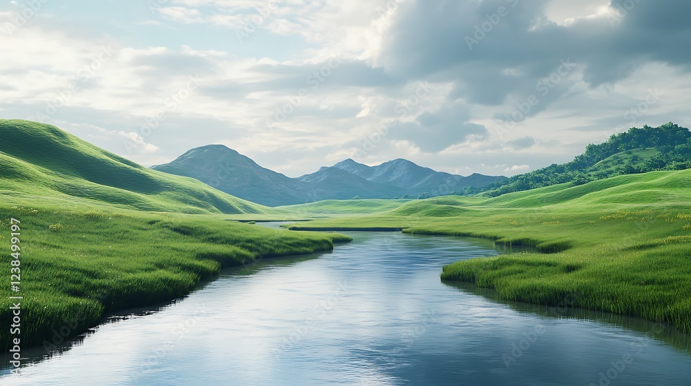 Serene river meandering through lush green valley and rolling hills under a partly cloudy sky. Serene river meandering through lush green valley and rolling hills under a partly cloudy sky.