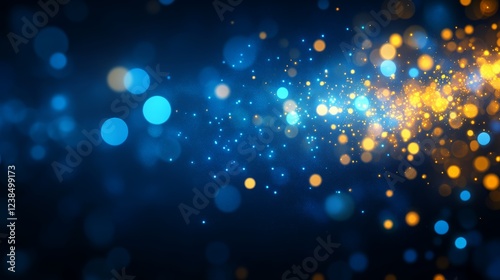 Falling confetti on blue background, abstract background with dark blue and gold particle. Golden light shine particles Bokeh on navy blue background, celebration concept
