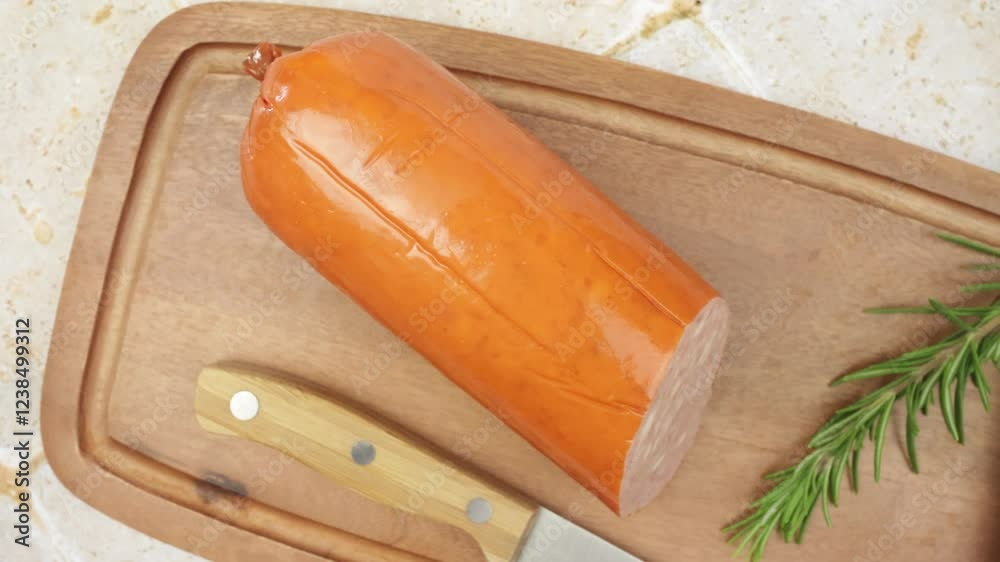 saucisson à l'ail, en gros plan, sur une planche à découper