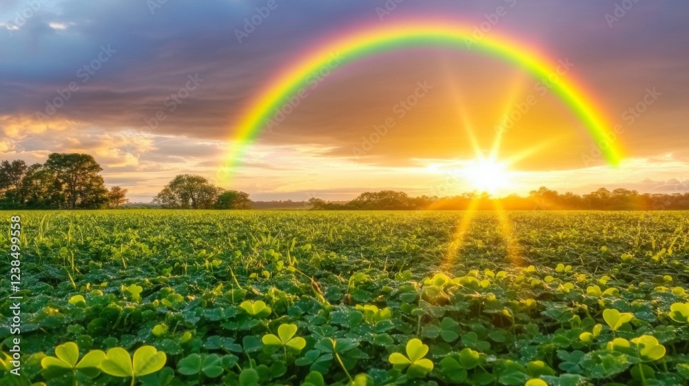 Obraz premium Rainbow Sunset Over Lush Green Clover Field