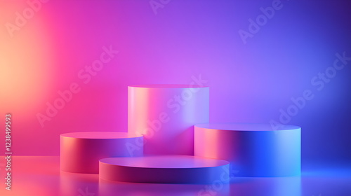 Minimalist cylindrical product podiums with a gradient light background in blue, pink and purple for product mockups or presentations.