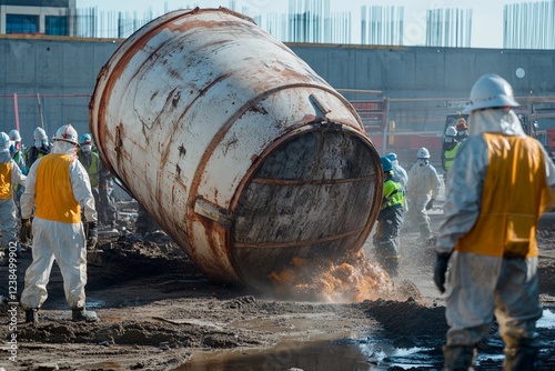 Workers manage a large barrel spill at a construction site during daylight hours photo