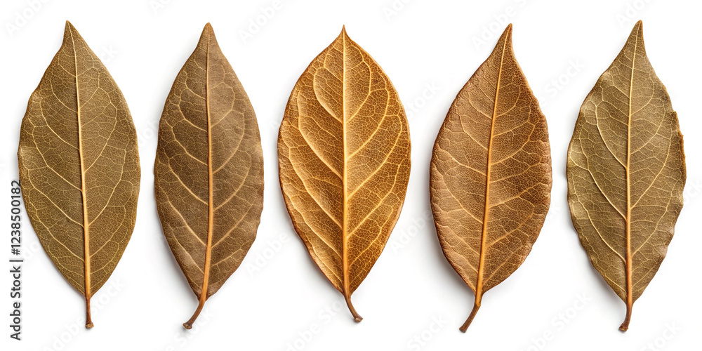 Fototapeta premium A Natural Collection Set of Dried Bay Leaves Isolated on a White Background for Culinary Use