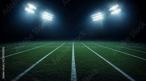 Football field illuminated by stadium lights, with dark background and ample copy space for advertising or text. photo