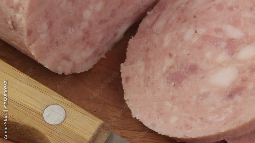 saucisson à l'ail, en gros plan, sur une planche à découper
