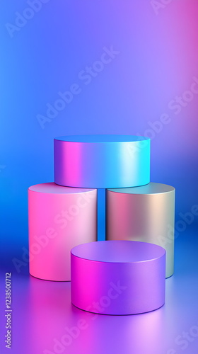 Four minimalist cylindrical product podiums in pastel metallic colors against a vibrant gradient backdrop for presentation.