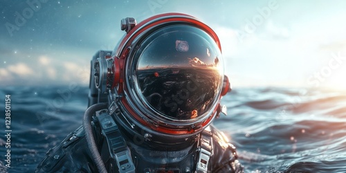 Exploring the depths of an alien ocean with a daring astronaut in an advanced spacesuit. Generative AI