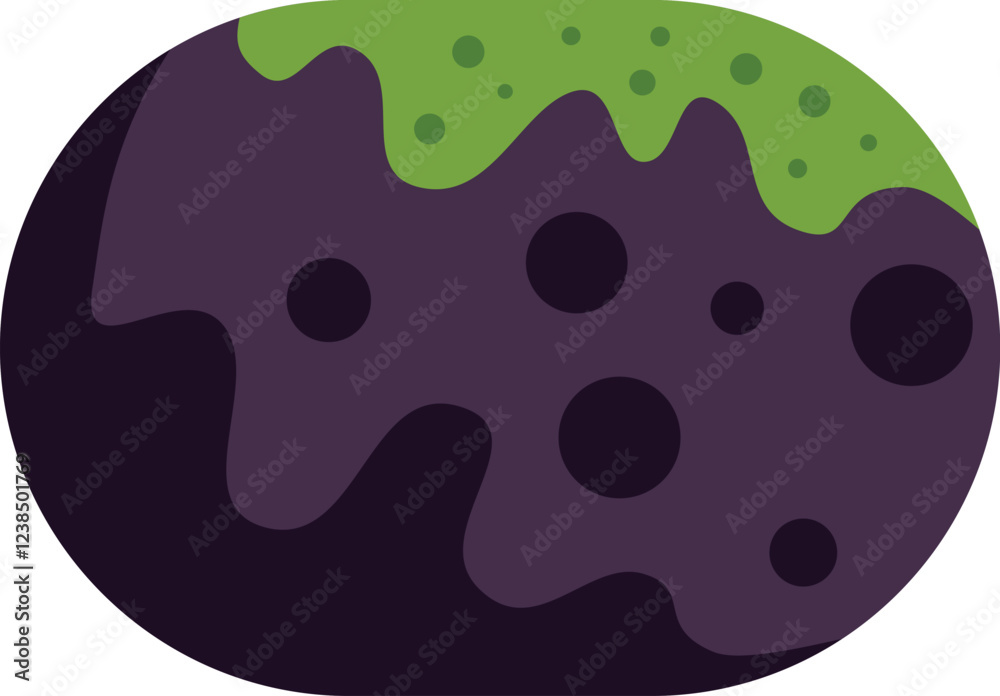 Dark round asteroid floating in space with craters and green goo dripping Dark round asteroid floating in space with craters and green goo dripping