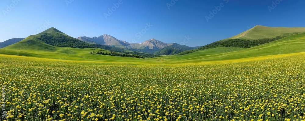 Fototapeta premium Wildflower fields nature concept. Vibrant green fields with distant mountains under a clear blue sky, conveying natural beauty.