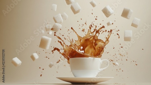 Coffee splash with sugar cubes, beige background, food photography, drinks advertisement photo