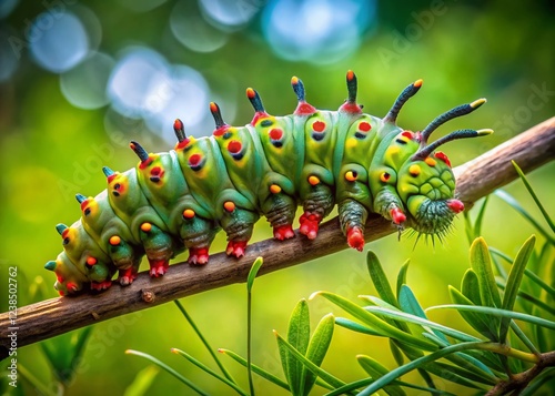 Candid Close-Up of a Cecropia Moth Larva on a Branch photo