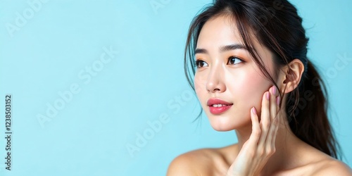 Beautiful Asian woman with flawless skin poses against a light blue background