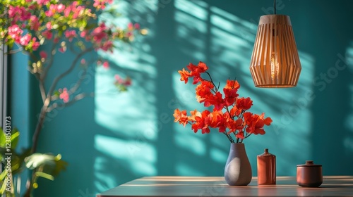 Teal room, flowers, sunlight, vase, decor