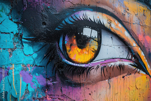 Close-up of a graffiti-style eye painting with detailed textures and intense amber hues. photo