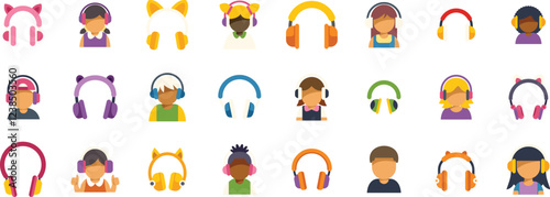 Children listening with various colorful headphones, enjoying music, audiobooks, and podcasts