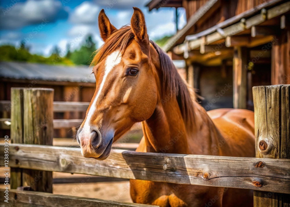 Fototapeta premium Candid Photo: Brown Horse Resting in Wooden Corral Fence