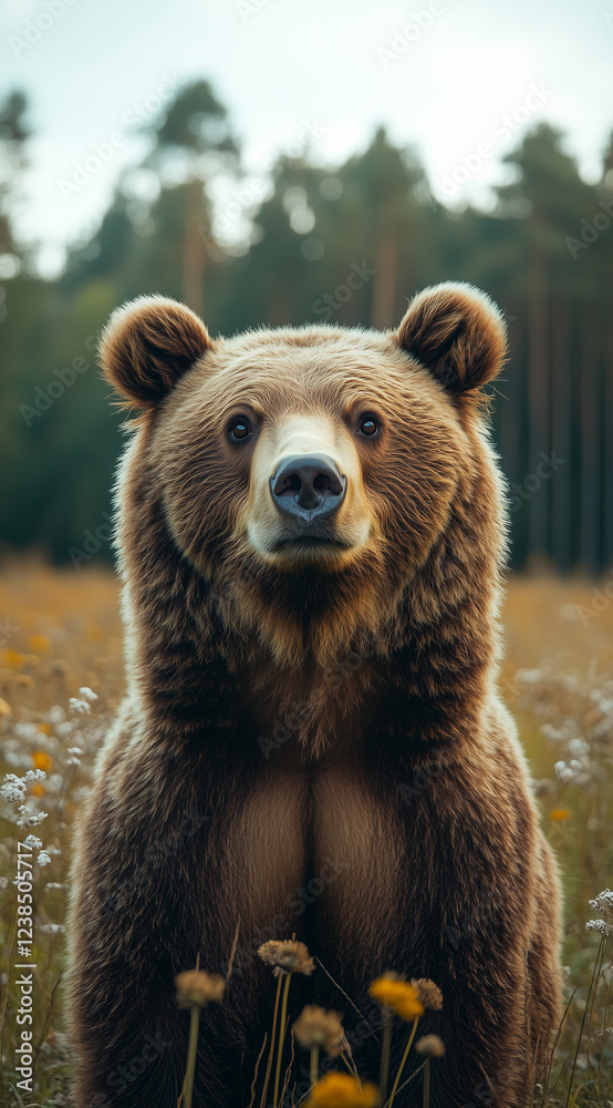 Obraz premium Bear stands amid wildflowers in a forest clearing during a calm afternoon. Generative AI