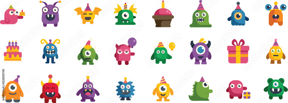 Obraz premium Adorable monsters enjoying a birthday celebration with cake, gifts, and festive balloons