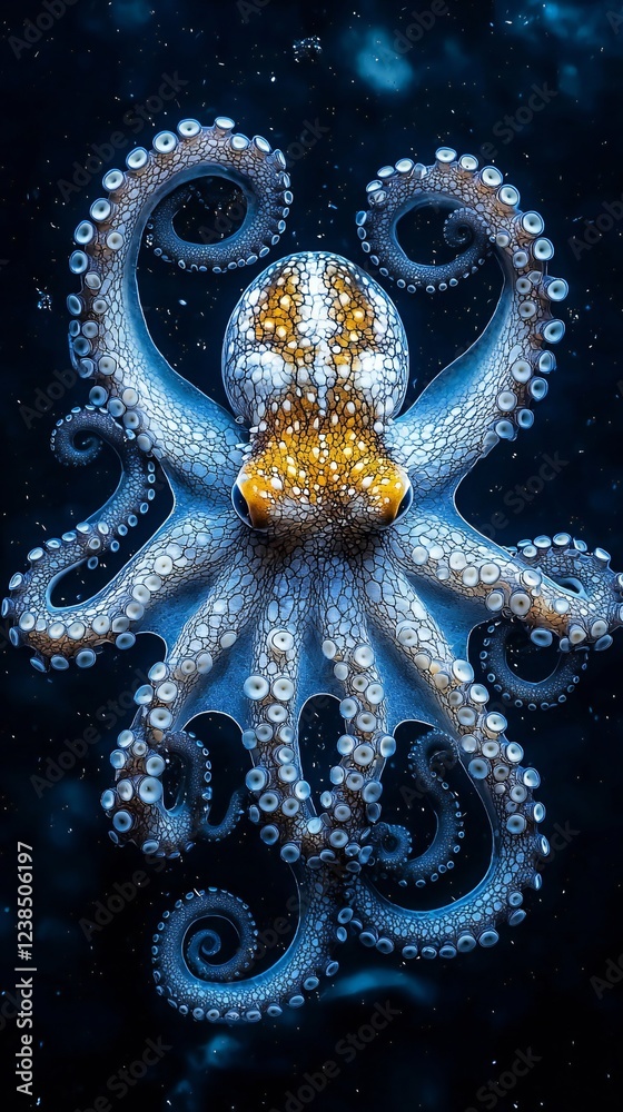 Obraz premium HD Phone Wallpaper Stunning Close Up of a Blue Octopus with Yellow Spots in Dark Ocean Water