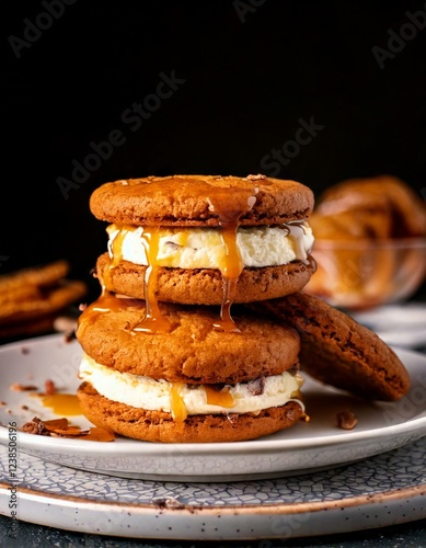 Homemade Ice Cream Cookie Sandwiches with Vanilla Bean Ice Cream and Caramel Drizzle
