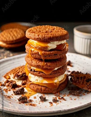 Indulgent Ice Cream Cookie Sandwiches with Crispy Cookies, Vanilla Bean Ice Cream, and Caramel Sauce