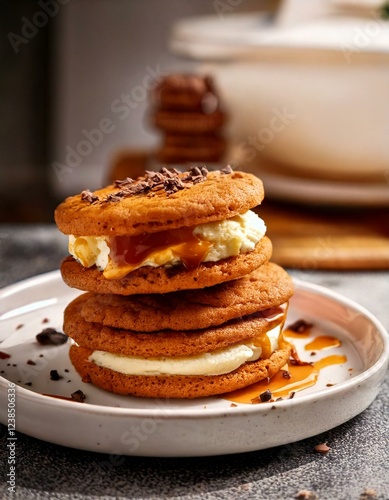 Gourmet Ice Cream Cookie Sandwiches with Vanilla Bean Ice Cream and Warm Caramel Drizzle