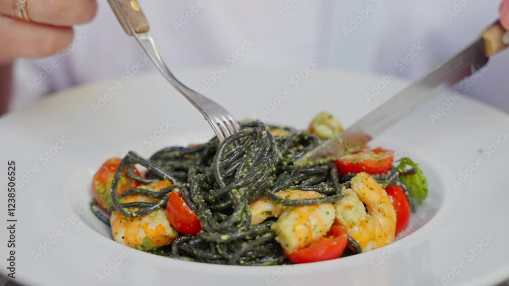 Woman eating vegetable spaghettis.