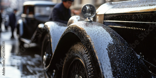 Close-up View of a Rain-Covered Classic Car Fender and Wheel photo