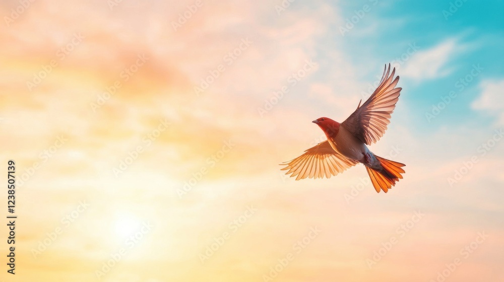 A bird gracefully soars against a colorful sunset sky, showcasing its wings and vibrant plumage. A bird gracefully soars against a colorful sunset sky, showcasing its wings and vibrant plumage.