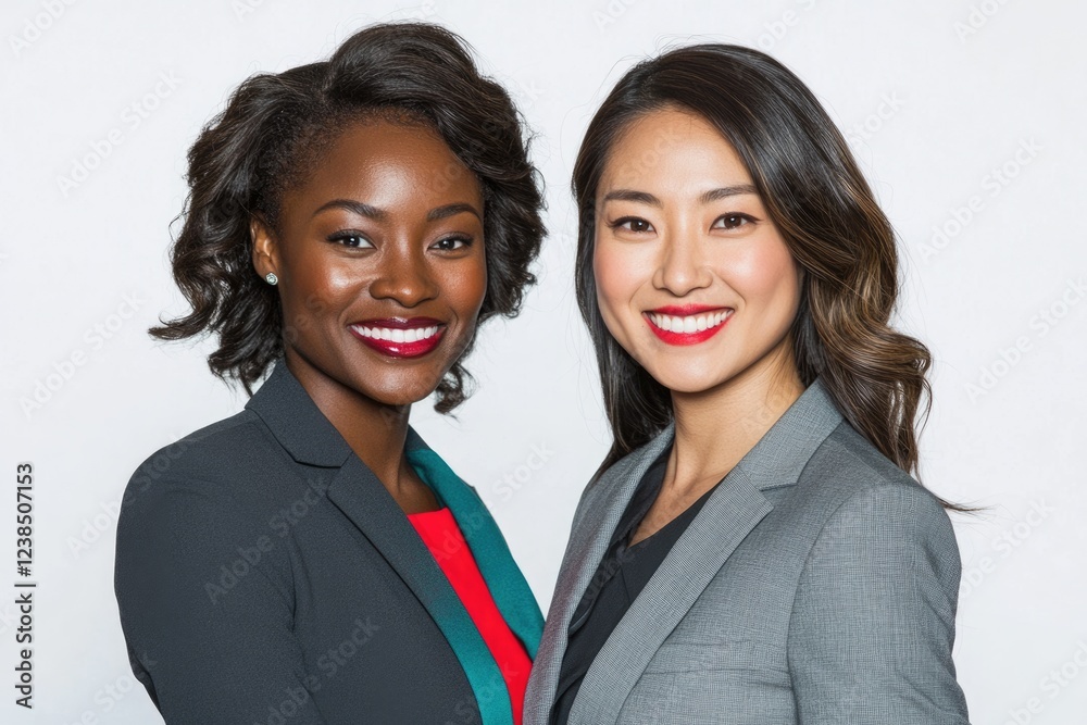 Two smiling businesswomen, one Black and one Asian, stand shoulder to shoulder, dressed in professional attire. Two smiling businesswomen, one Black and one Asian, stand shoulder to shoulder, dressed in professional attire.